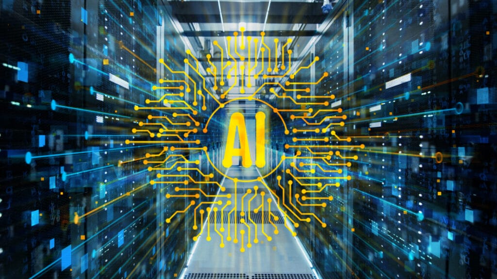 Illustration of AI technology symbolized by a glowing circuit board pattern surrounding the letters 'AI' in a high-tech server room, representing the integration of artificial intelligence in global communication and translation processes.