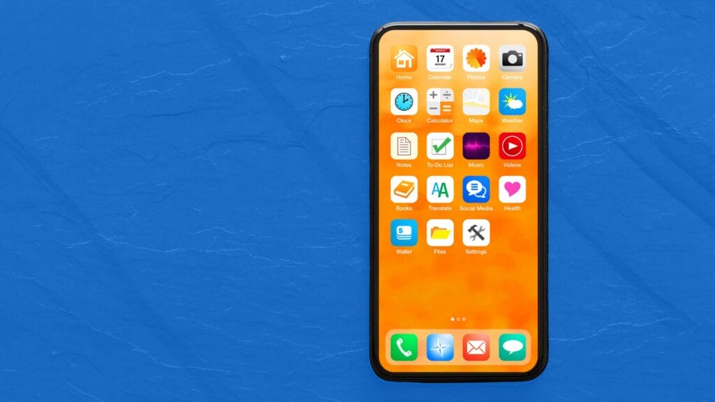A smartphone with a bright orange background showcasing a grid of localized app icons, illustrating the concept of app localization and cultural adaptation for global markets.