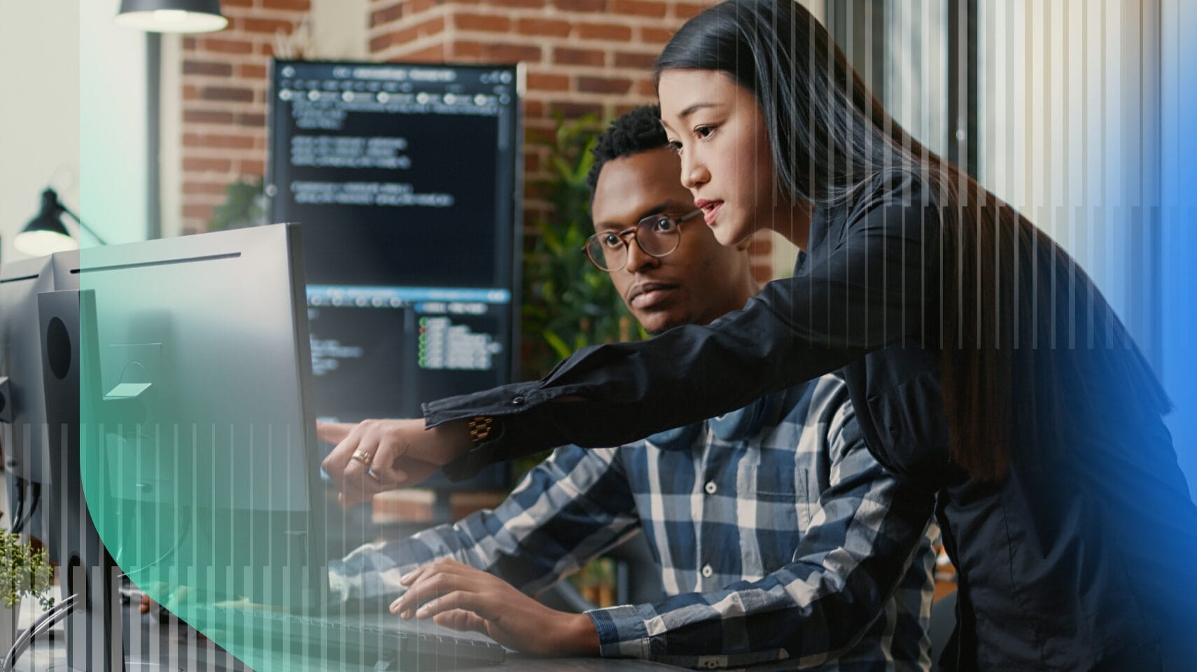 Illustration of a business intelligence team analyzing data dashboards and collaborating on insights