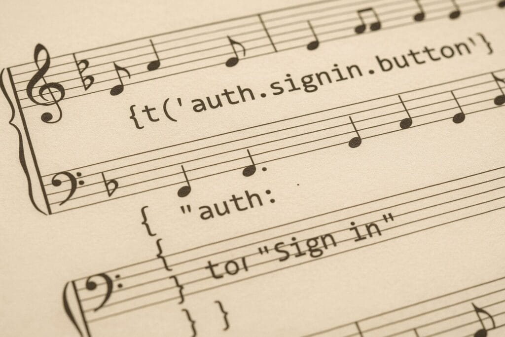 Photo-realistic sheet music featuring developer-style translation code in place of musical notes. The staff lines show snippets like t('auth.signin.button') and JSON structures, combining the aesthetics of musical notation with programming syntax to illustrate the idea of “composable localization.”