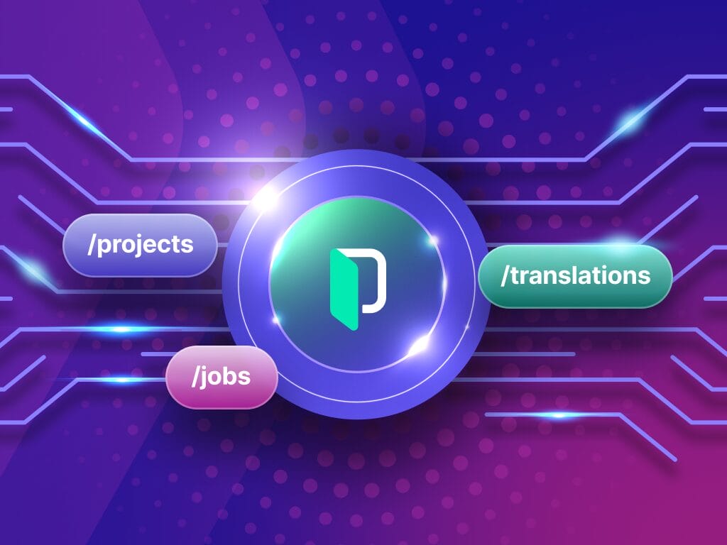 A graphic showing command-line interface (CLI), API, and webhook concepts with icons and diagrams representing code, connection arrows, and software integrations on Phrase’s platform.