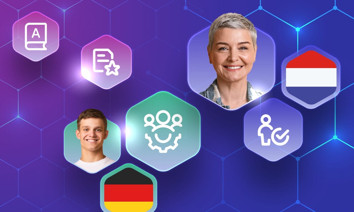 Illustration of a diverse team collaborating seamlessly on localization tasks within the Phrase platform