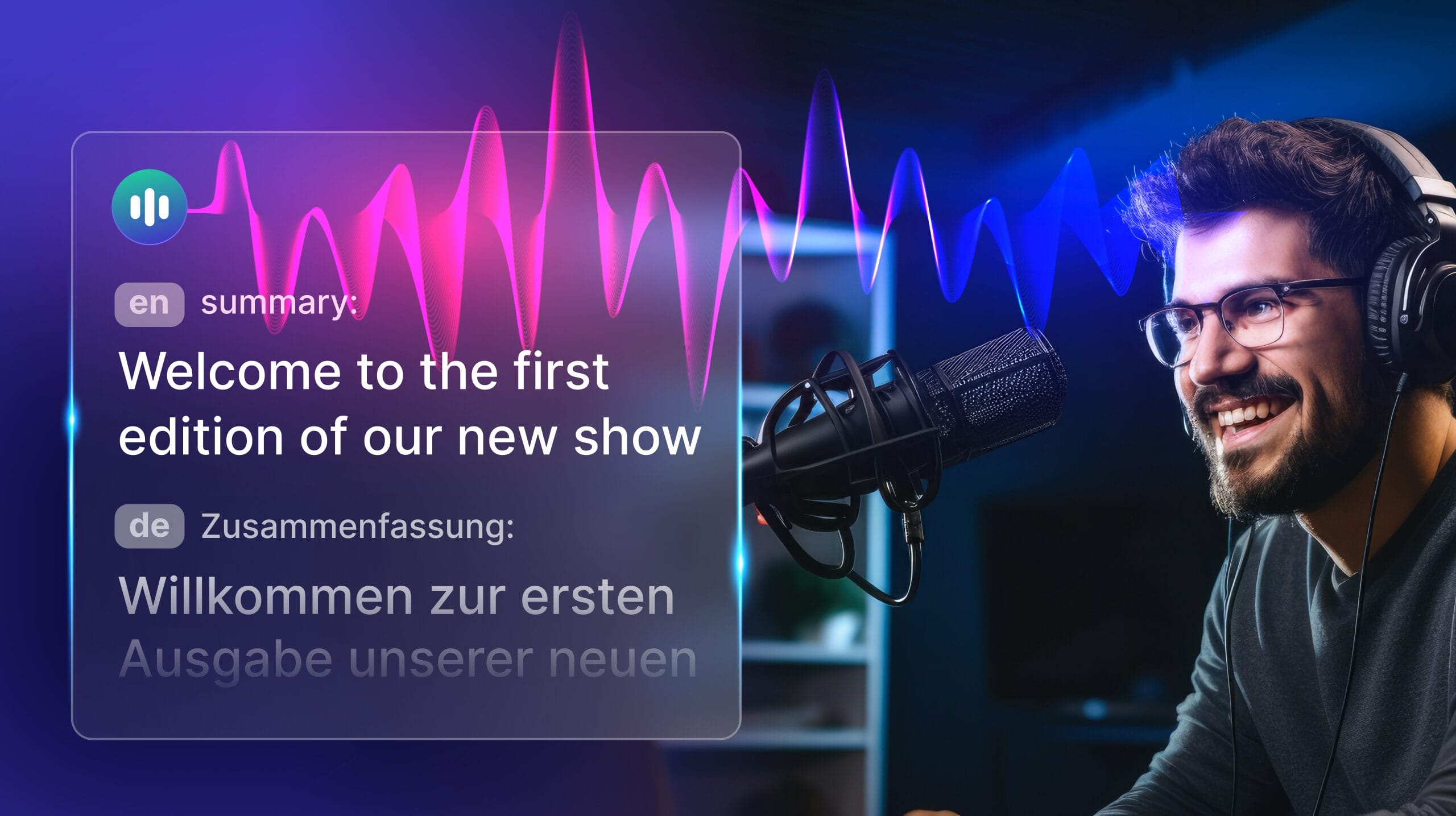 Illustration der Lokalisierung von Multimedia-Inhalten mit Symbolen, die Video-, Audio- und Textformate darstellen und die Unterstützung von Phrase für verschiedene Medientypen symbolisieren.
