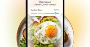 Screenshot of the Simple Life app featuring a mobile phone displaying an avocado toast with a fried egg and suggested meal options below. The app highlights personalized, healthy meal ideas.