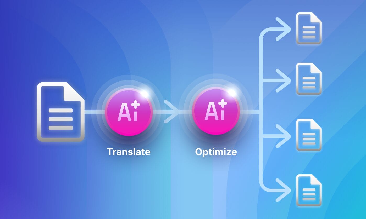 Technical document icon with ai translation and ai optimization icons showing a workflow