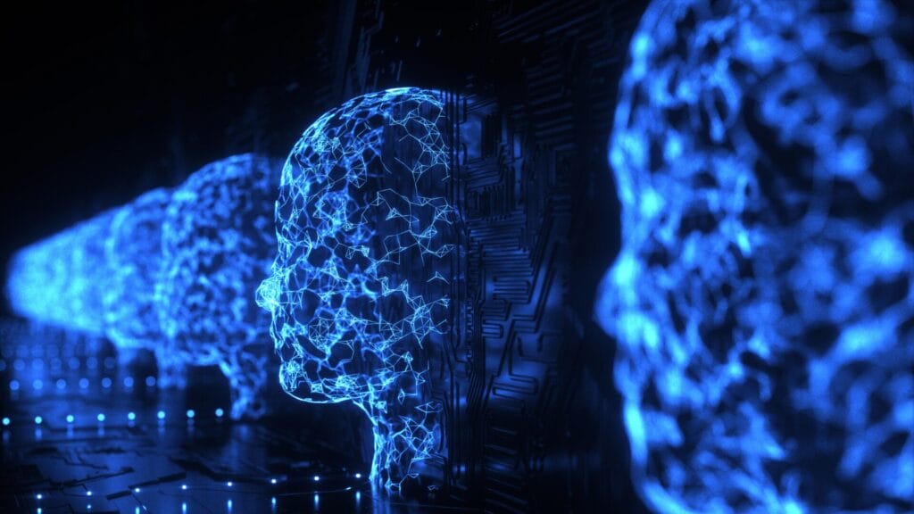 Row of blue glowing digital human head profiles with neural mesh lines, representing AI-driven language models and neural network-powered translation technology.