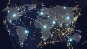 a map of the world, highlighting travel paths globally. 