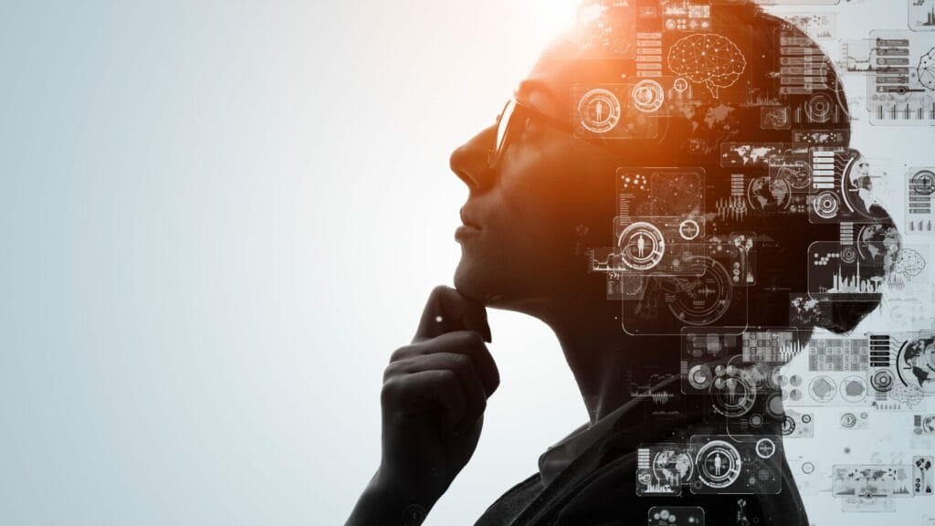 Silhouette of a thoughtful person with glasses, overlaid with AI and technology-related graphics symbolizing data processing, automation, and artificial intelligence, representing the impact of AI in streamlining international business expansion and localization