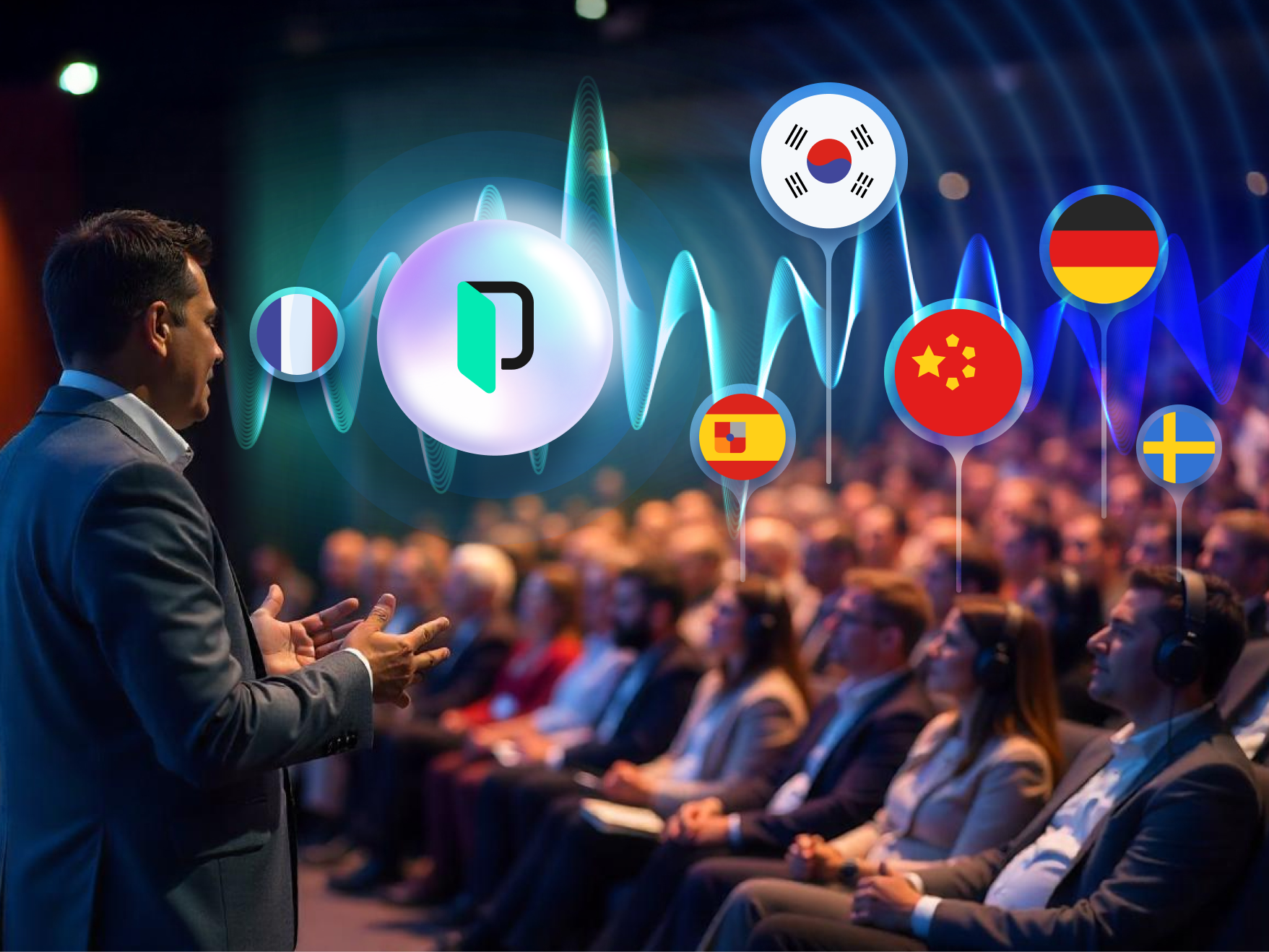 Illustration eines Mikrofons und eines Transkriptionsdokuments, das die Möglichkeiten der Audioerfassung und der automatischen Transkription darstellt.