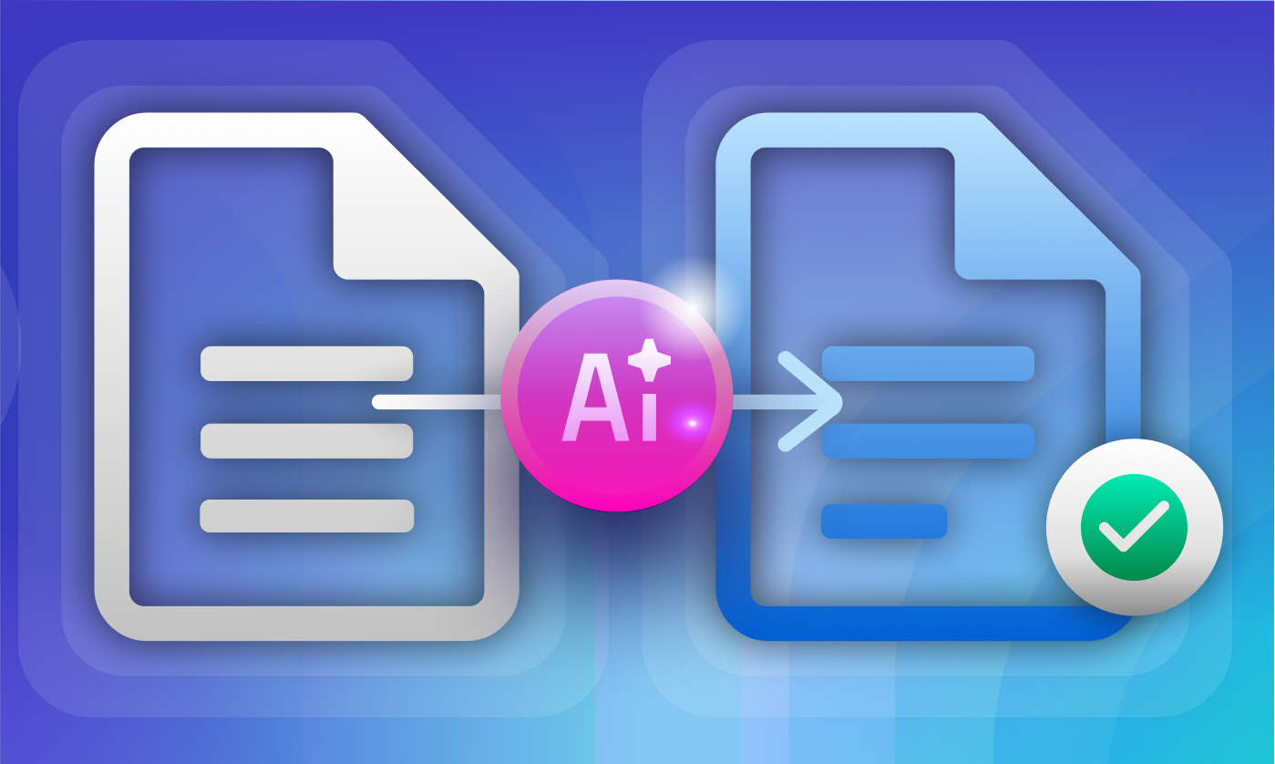 A digital illustration of an AI-powered document interface, featuring charts, text blocks, and automation icons. The design suggests intelligent content creation, localization, or translation workflows enabled by AI-driven solutions.