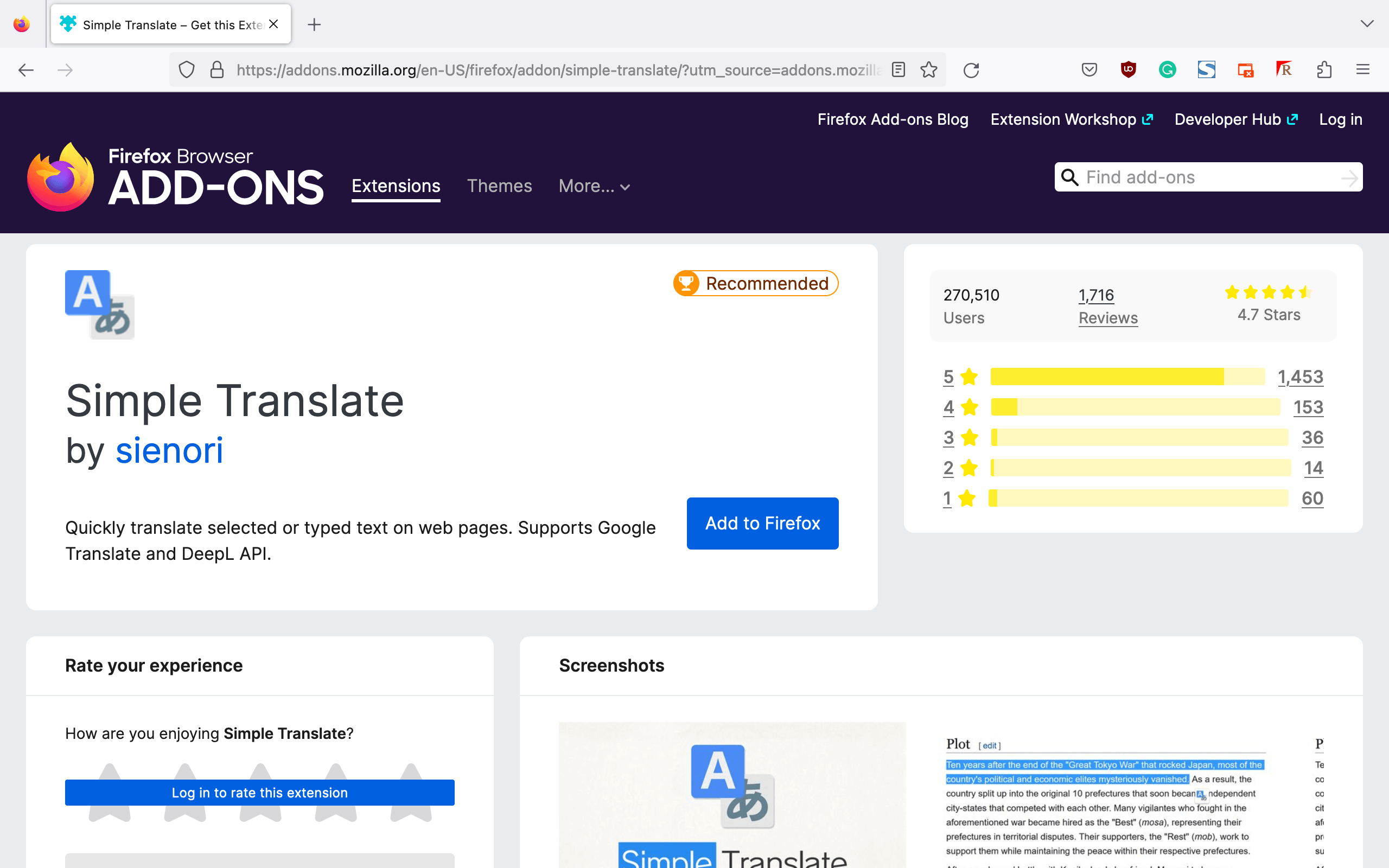 Complemento de Simple Translate para Mozilla Firefox | Phrase