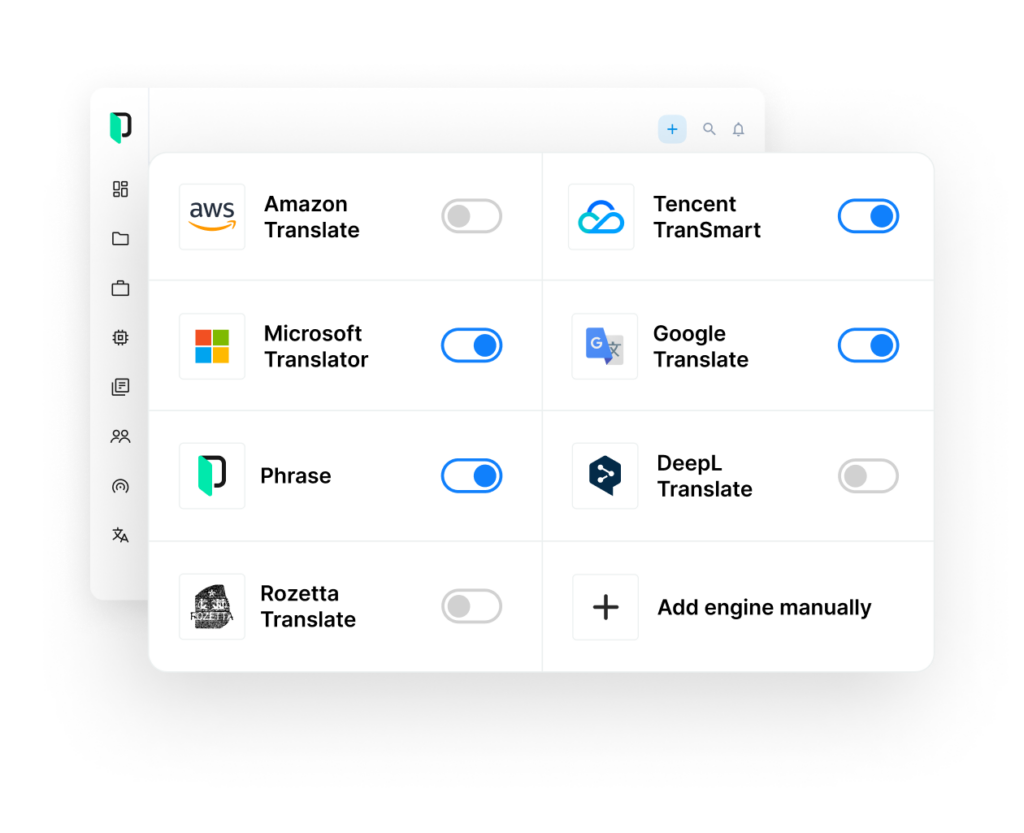 Grafik Auswahl verschiedener MT-Engines | Phrase