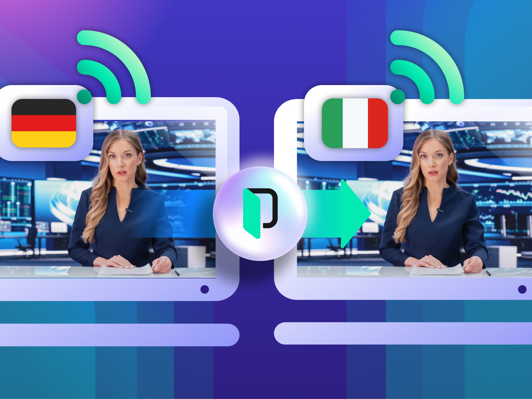 Illustration einer synthetischen Sprachtechnologie mit Wellenform und Sprechblasen, die KI-generierte Sprache darstellen.