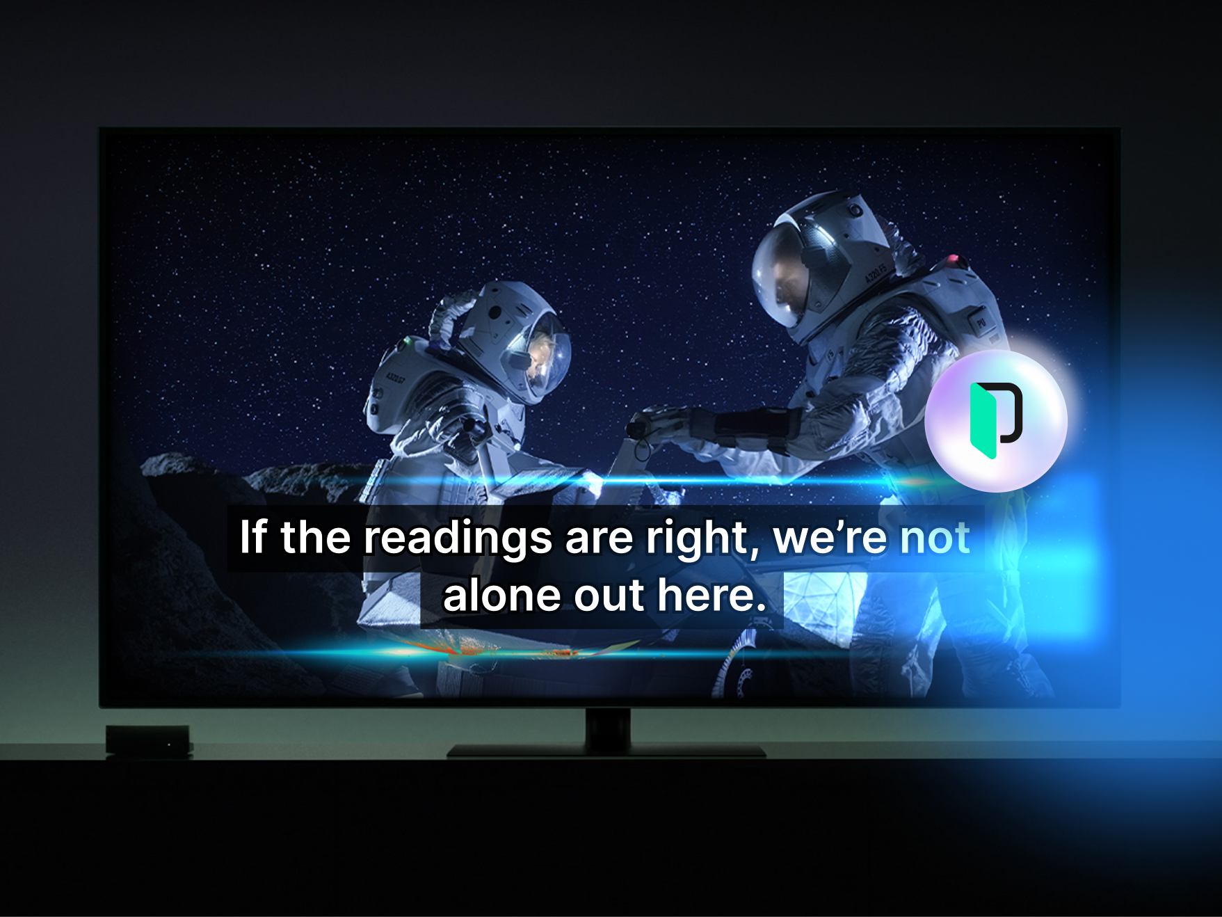 Illustration einer Videoplayer-Oberfläche mit Untertiteln, die Übersetzungs- und Untertitelungsfunktionen für Multimedia-Content symbolisiert