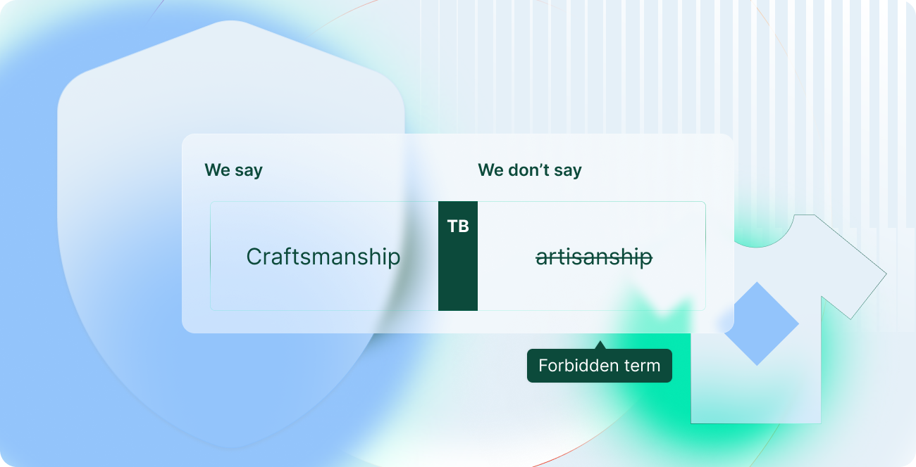 Die Benutzeroberfläche hebt die Funktionen von Phrase TMS hervor, die die Markenkonsistenz und die Markensprache („Tone of Voice“, TOV) sicherstellen – einschließlich Terminologieverwaltung, Qualitätsprüfungen und Feedback von Prüfern – und so die Markenintegrität in allen Sprachen schützen.